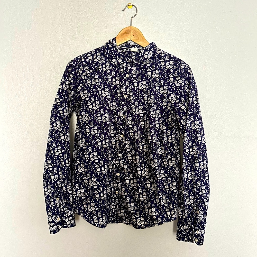 J. Crew 100% Cotton Navy White Floral Button Down Blouse